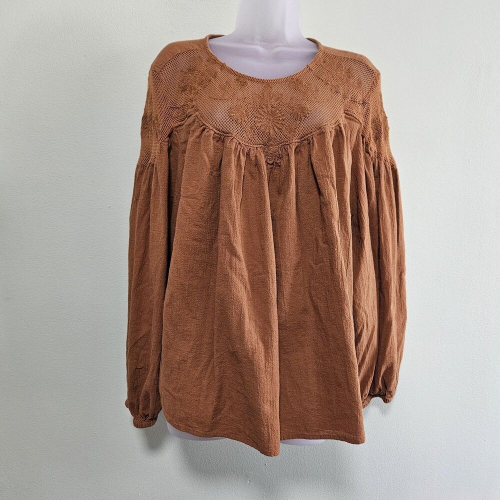 a.n.a A New Approach Blouse Womens 3X Brown Boho Peasant Lace Yoke Embroidered